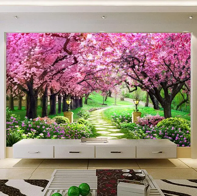 Пользовательские 3D фото обои цветок романтическая вишня дерево маленькая дорога настенная фреска обои для гостиной спальни де Parede