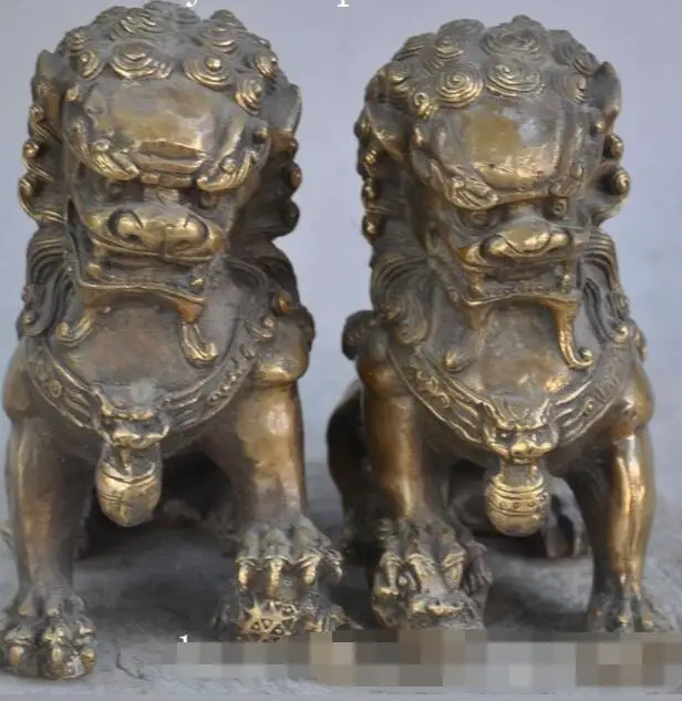 

S03916 6"Chinese FengShui Bronze evil Door Guardian Fu Foo Dogs Lion ball statue Pair (B0413)