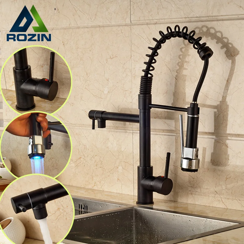Oil Rubbed Bronze LED Light Hot and Cold Water Kitchen Faucet Deck Mounted Two Swivel Spout