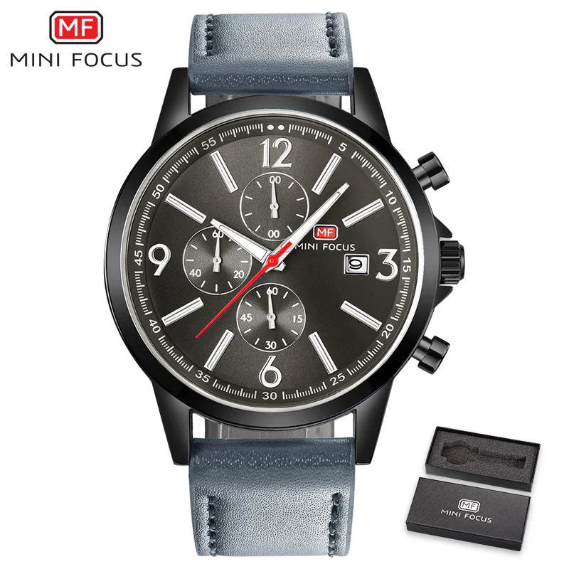 

Men's Watches MINIFOCUS Brand Fashion Sports Quartz-Watch Genuine Leather Men Watches Multi-function Wristwatche Chronograph