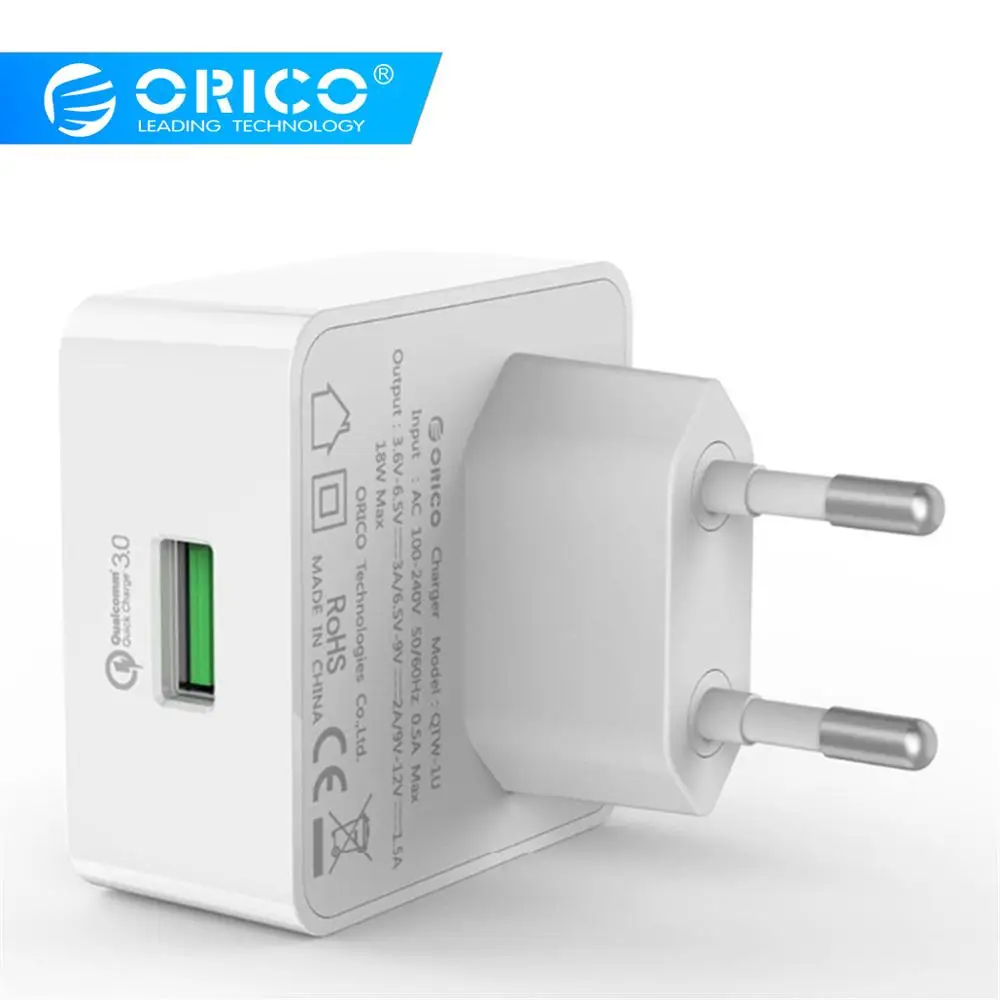 ORICO 1 порт дорожное зарядное устройство с Qualcomm Quick Charge 3,0 с 1 м бесплатно Micro USB кабель EU/US/UK Тип Plug-белый(QTW-1U