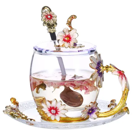 Термостойкое стекло креативная простая индивидуальная ромашка домашняя кофейная чашка симпатичный с кристаллами стеклянный сок цветок чашка - Цвет: 07 Style