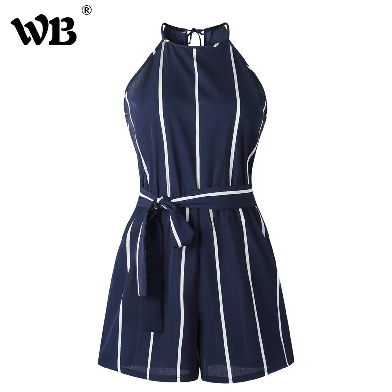 

Fashion Casual Sleeveless Bodysuit Summer Beach Rompers Women Jumpsuit Ladies Sexy Vertical Stripe Backless Cutaway Romper
