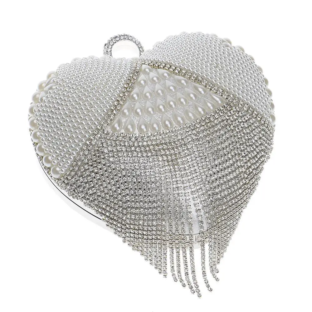 GLOIGTassel Rhinestones Evening Bag Finger Ring Diamonds Wedding Heart Clutch Handbags Chain Shoulder Party Pearl Christmas Gift