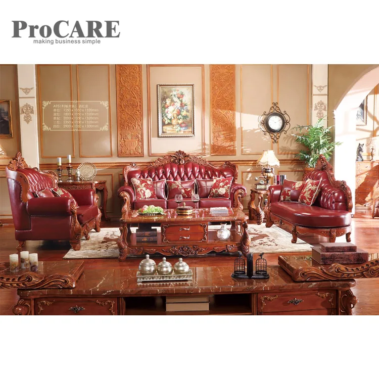 Европейский стиль кожаный комбинированный твердый деревянный диван с резной отделкой набор дизайнов-A951B