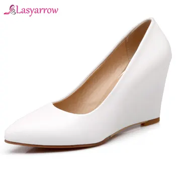 

Lasyarrow white beige fashion autumn shoes woman pumps pointed toe shallow wedges casual shoes women high heel shoes J928