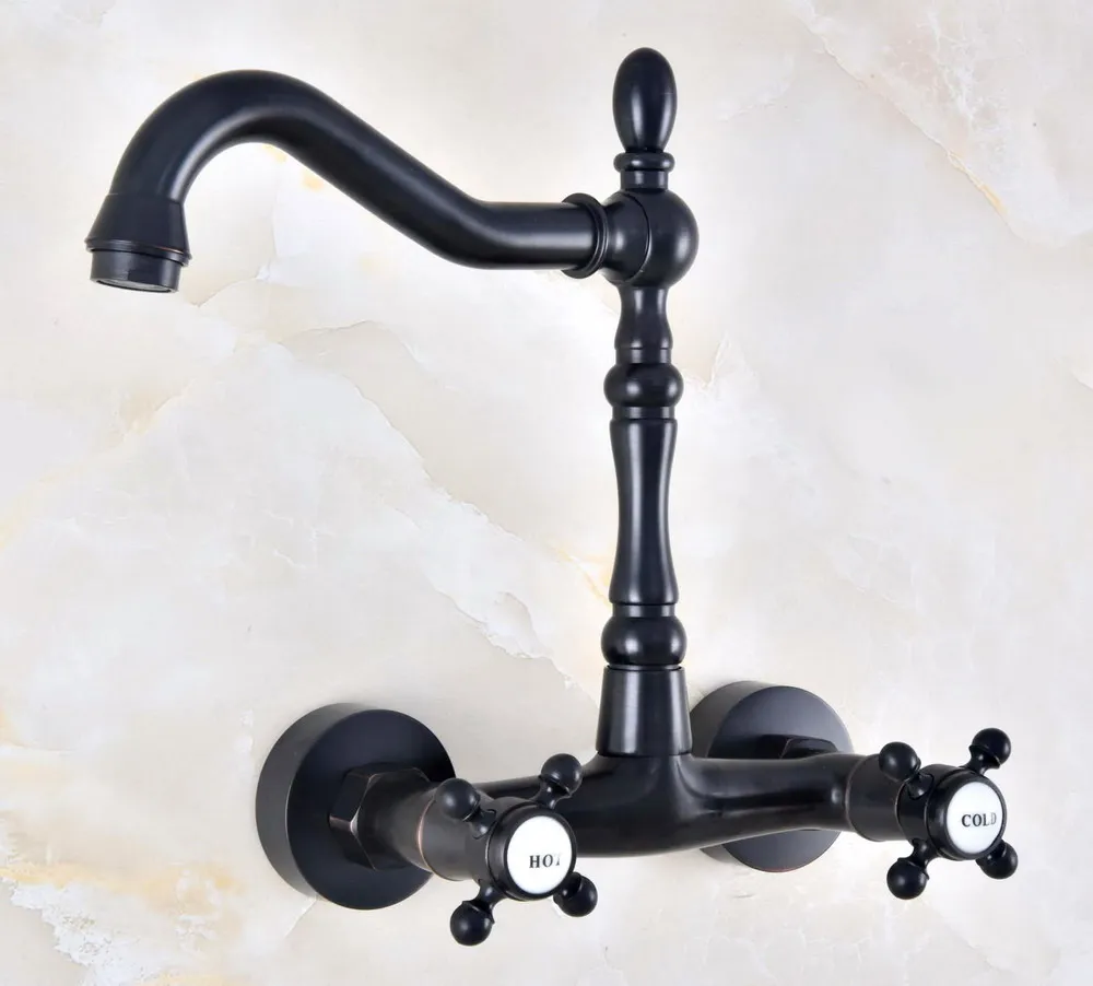 Black Oil Rubbed Bronze Brass Two Cross Handles Wall Mount Swivel Spout Kitchen & Bathroom Basin Sink Faucet Mixer Tap anf452