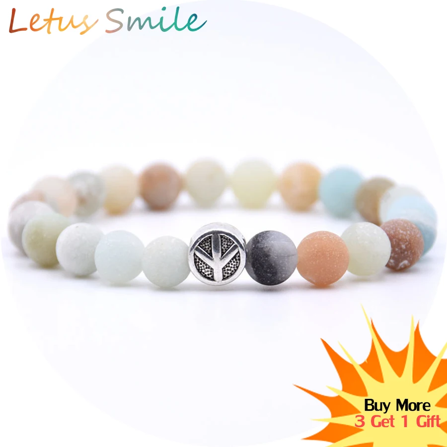 

New Peace Symbol Strand Bracelets for Women Nature Amazon Stone Beaded Bracelet Men Fashion Semi-precious Stones Jewelry Braslet