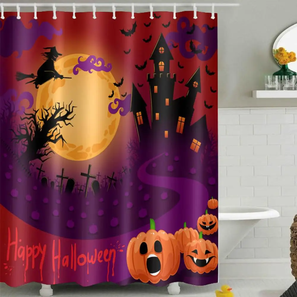 Bathroom Dot Shower Curtains Waterproof Fabric Halloween Pumpkin Cute cat Spider 