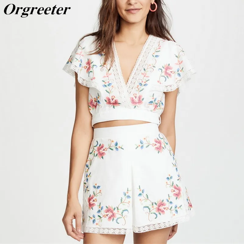 

Bohemian Cross Embroidered Floral Top Shorts Two Piece set Vacation Deep V Lace-trimmed Bow Tie Crop Tops and Slim Shorts Set
