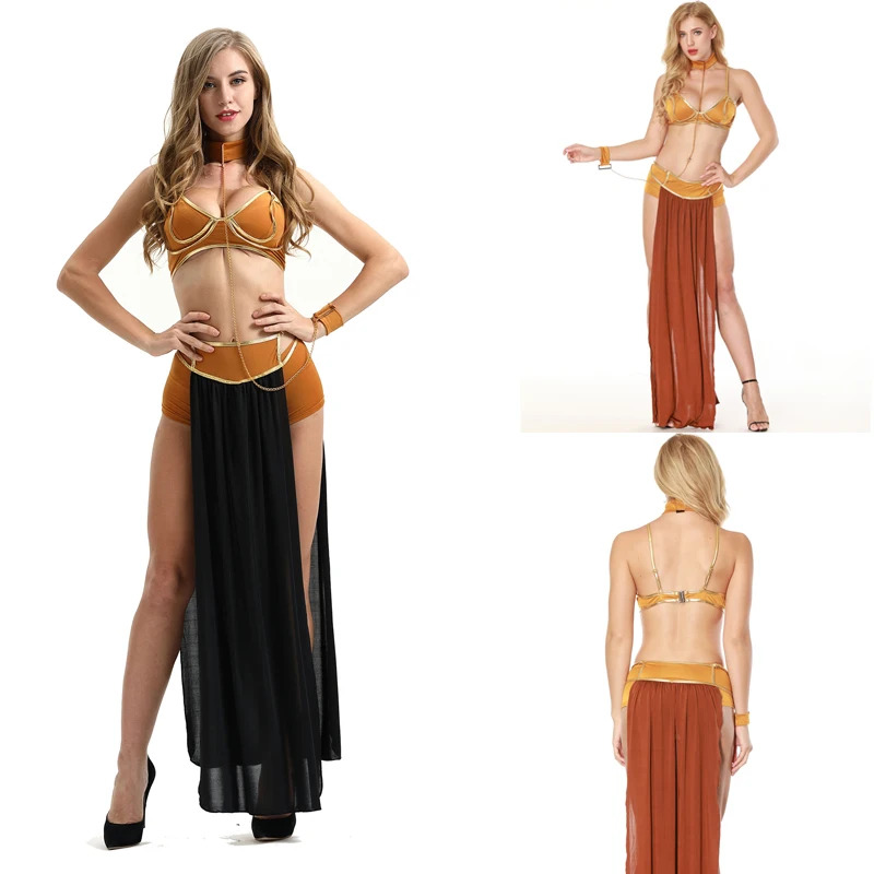 Карнавальный костюм принцессы Leia Slave Золотое Платье с бюстгальтером и цепочкой