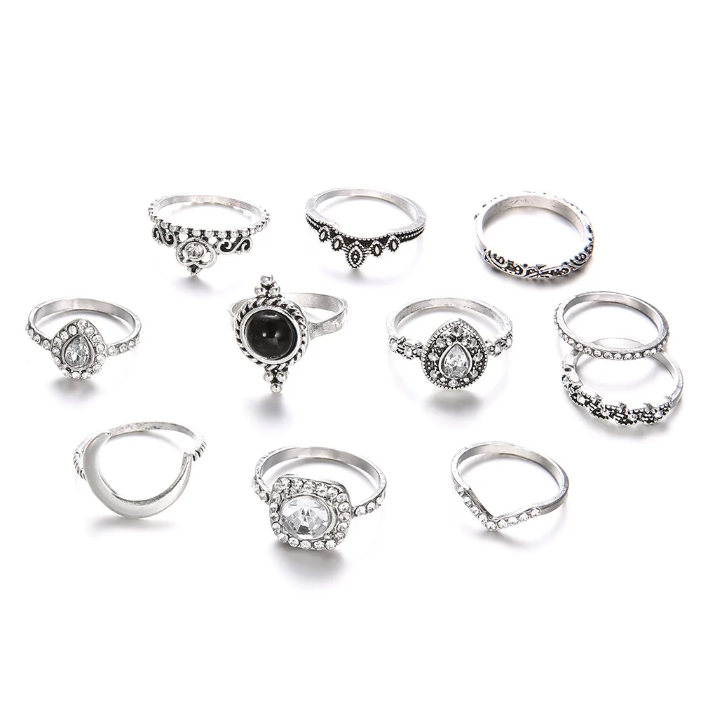 Crystal Crown Rings Antique Silver Color Moon Heart Ring Set Rhinestone