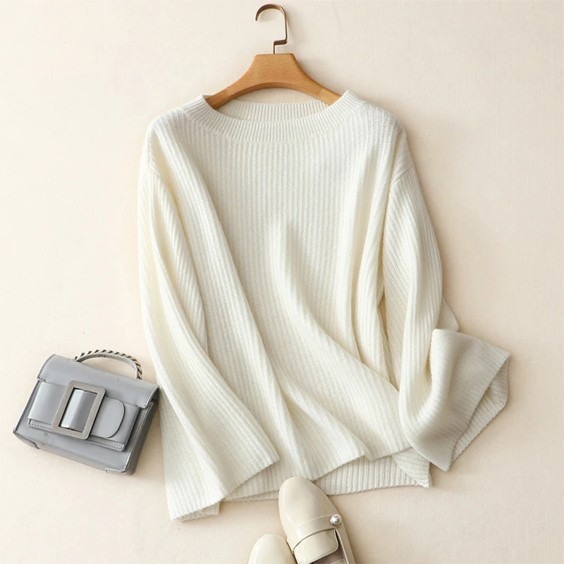 Осень мода кашемировый свитер зимний женский свитер круглый вырез ребристый трикотажный белый свитер пуловер Женский Теплый джемпер