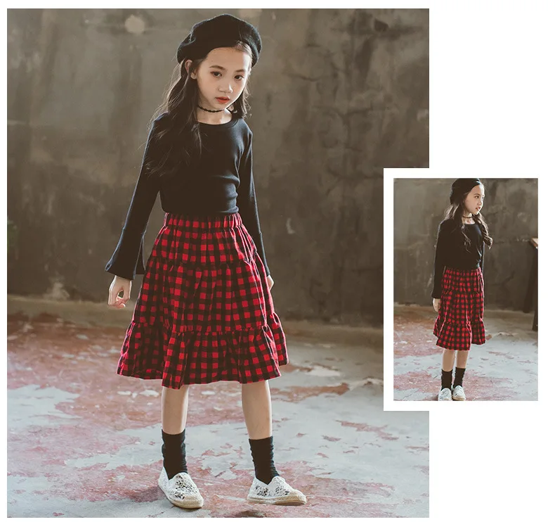 red ruffles plaid skirts for baby big girls Children students skirts kids clothes teenage 4 6 8 10 12 years long skirts clothing (5)