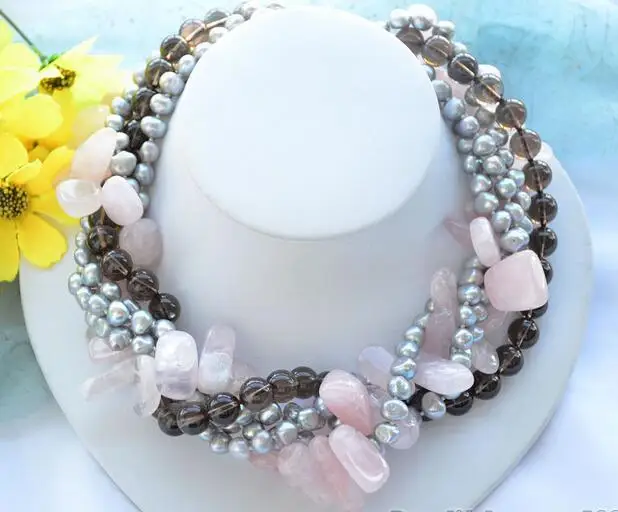 

3705 5strands gray baroque pearl pink crystal smoky quartz bead necklace