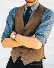 2017 Brown Wool Herringbone Tweed Vests Slim Mens Suit Vests Custom Made Sleeveless Suit Jacket Mens Dress Wedding Waistcoat