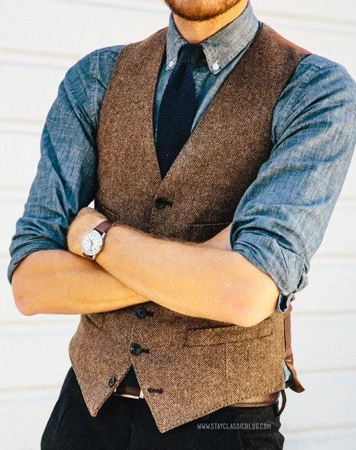 2018 Brown Wool Herringbone Tweed Vests Slim Mens Suit Vests Custom Made Sleeveless Suit Jacket