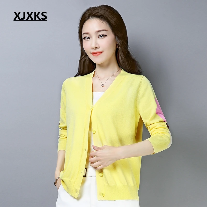 

XJXKS 2019 Spring And Summer New Ladys Geometric Patterns Sweater Cardigan Vintage Thin Knitting Korean Women Cardigan Sweaters