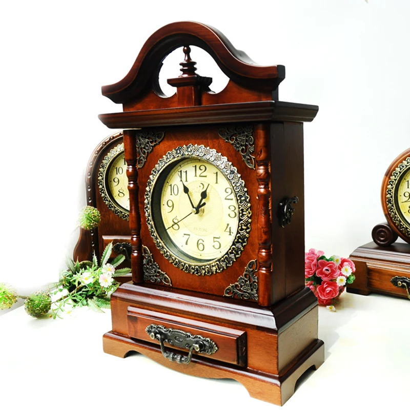 Household Antique Wooden Clock with Key Storage Drawer Classical Retro