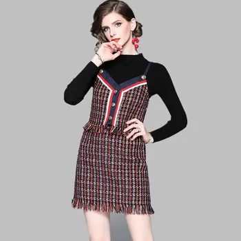 

Women 3 Piece Set 2019 Fall Winter Knitted Black Sweater + Short Tweed Tassel Plaid Vest + Fringed Woolen A Line Mini Skirt Set