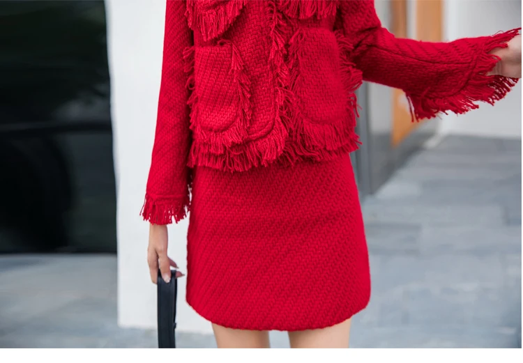 Высокое качество осень зима элегантный красный заусенец набор твидовая куртка+ Высокая талия пакет бедра юбка Дамская мода костюм из двух частей