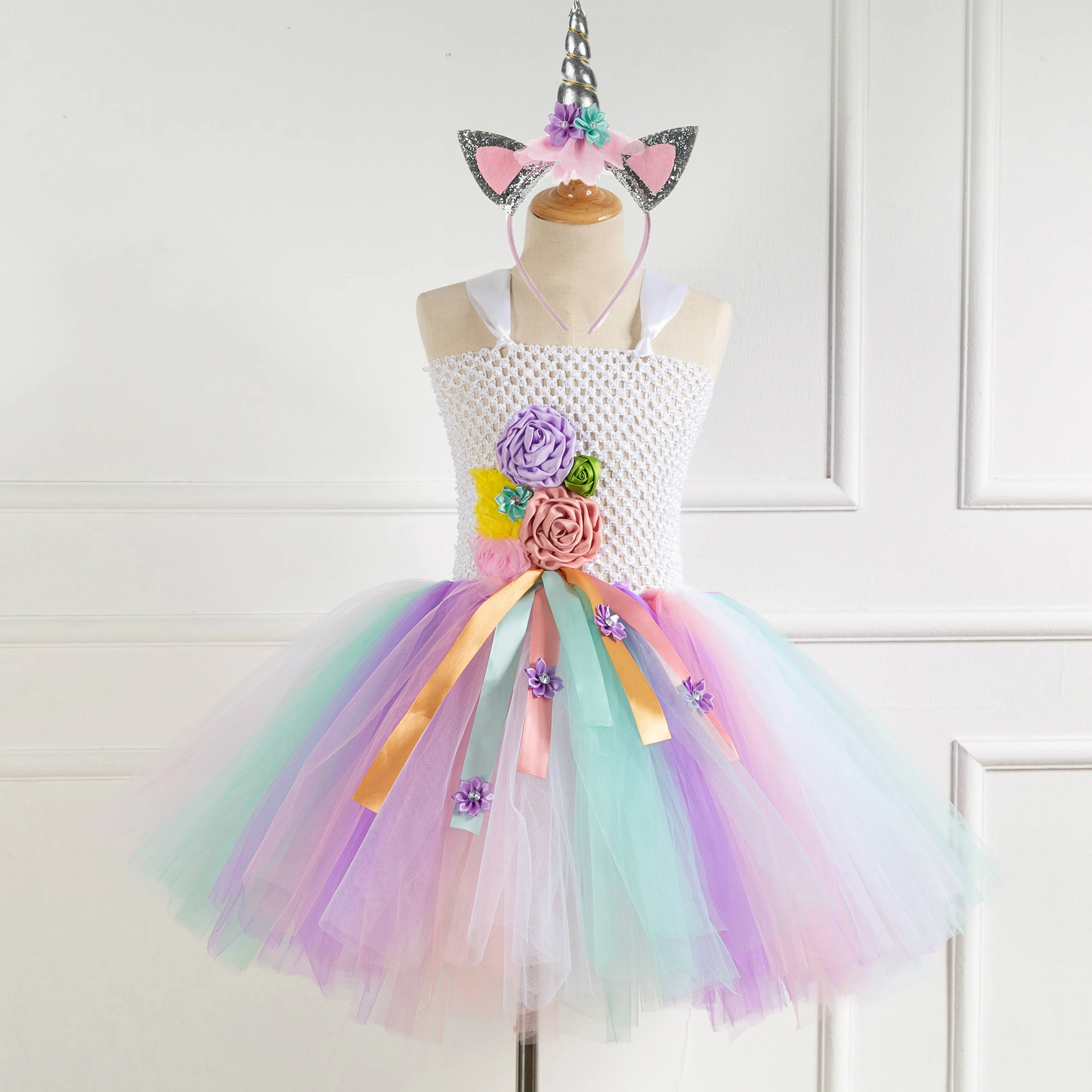 

POSH DREAM Pink Blue Children Princess Flower Girl Dress with Headband Unicorn Patels Rainbow Party Toddler Baby Girls Dresses