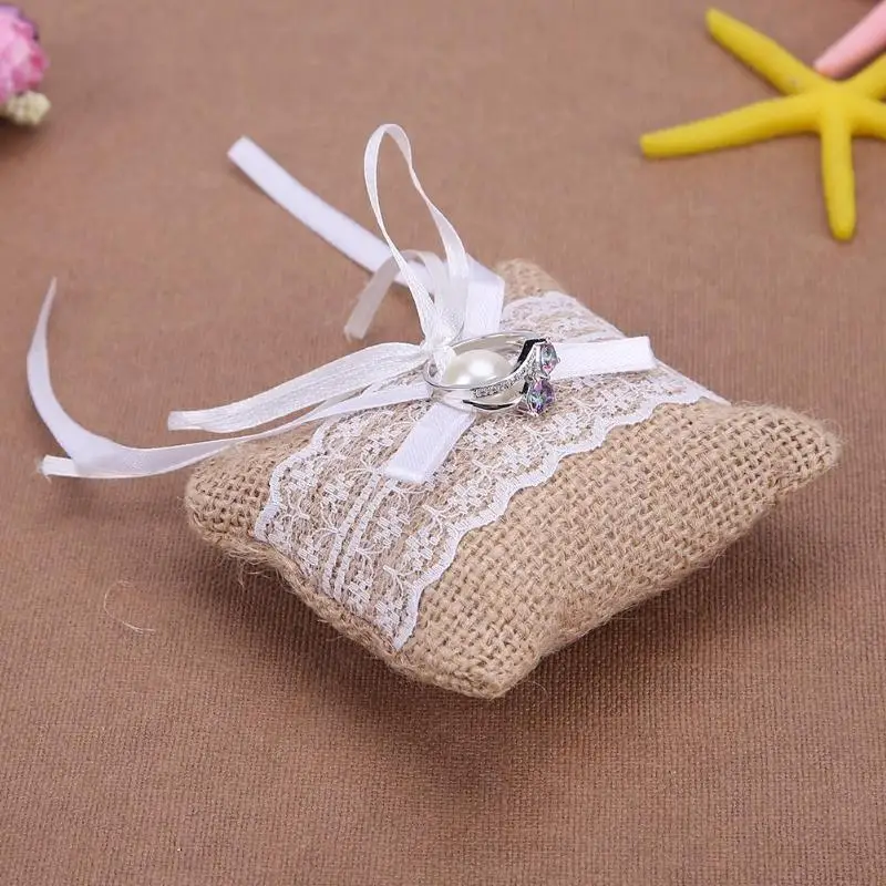 

Lace Bow Ring Pillow Wedding Vintage Burlap Jute Cushion Wedding Decor