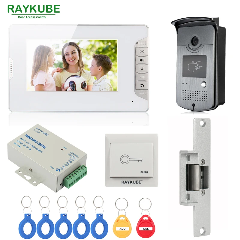 RAYKUBE Wired Video Door Phone Intercom System With 7 Inch LCD Monitor RFID Reader & Camera Electric Strike Door Lock