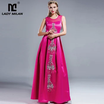 

Lady Milan 2020 Spring Summer Women's O Neck Sleeveless Sexy Tulle Laid Over Crystal Beaded Fashion Long Runway Dresses
