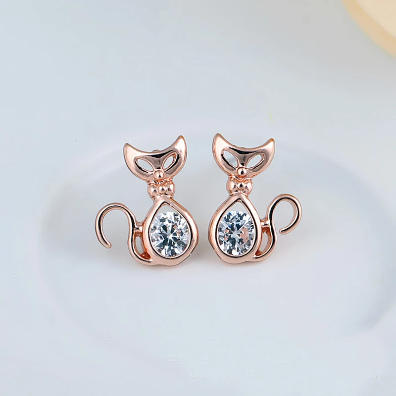Rose Gold Color Clear Cubic Zirconia CZ Kitty Cat Animal Small Stud