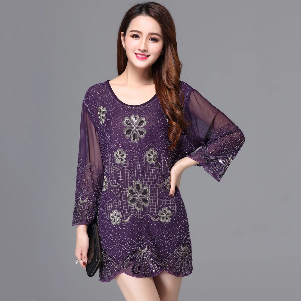 

Vintage 1990s Embellished Beaded Sequin Shirt Top Plus Size 5XL Mamas Party Blouse Summer Embroidery Flower Long Tunic Blouse