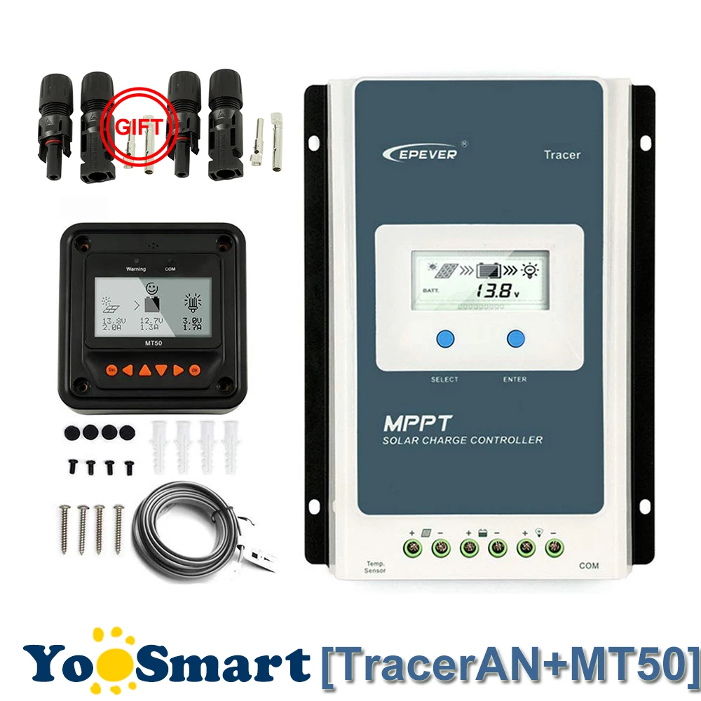 Regulador de Carga Aterrado com Medidor Epever Traceran Mppt Solar 12 v 24 Lcd Controlador 100 pv Negativo Remoto Mt50 10a 20a 30a