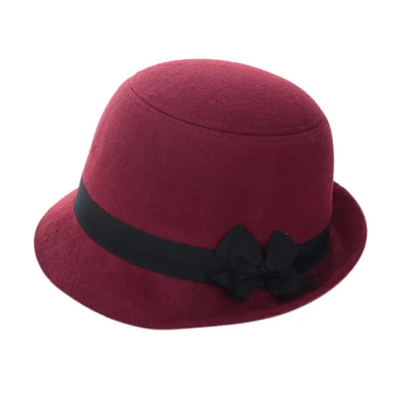 Винтаж модные однотонные фетровые Для женщин шерстяная фетровая шляпка шерстяная котелков шляпа Кепки для дам и девушек мульти-Цвет - Цвет: Wine red