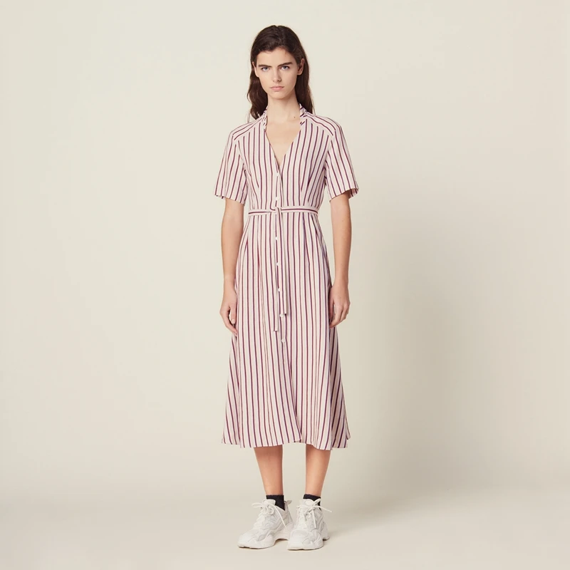 2019 New Women Striped Short Sleeve Midi Dress Cardigan Slim Dress With Belt