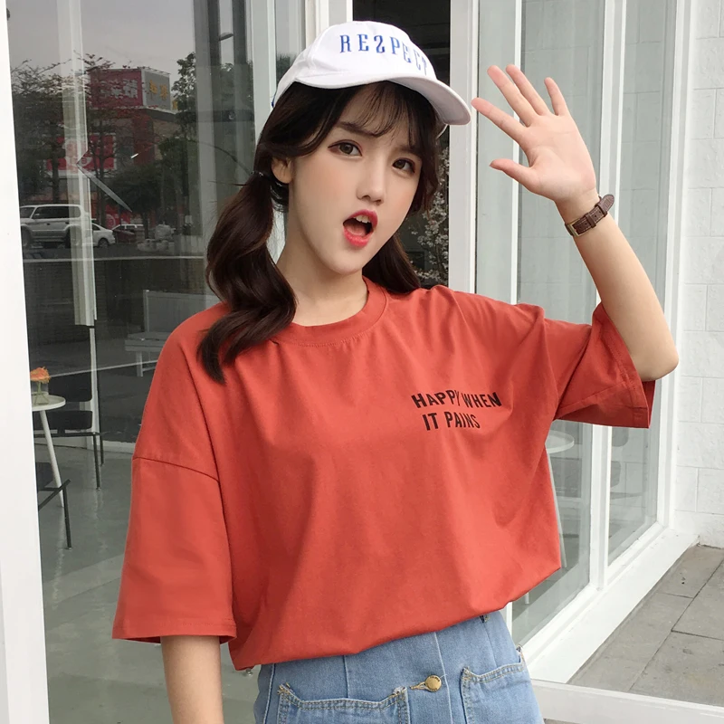 Женские летние футболки Ulzzang Корейская Милая футболка с круглым вырезом и