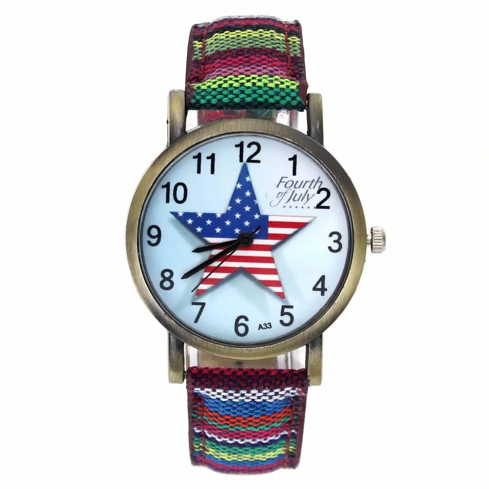 Pentagram Fourth of July Celebration USA Flag Fashion Accessories Stripes Denim Cloth Canvas Band Quartz Wrist Watch 5