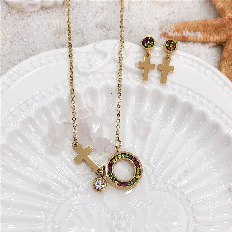 

Cross Stainless Steel Crystal ZC Pendants Earrings Necklace Metal Chain Jewelry Valentine's Gifts