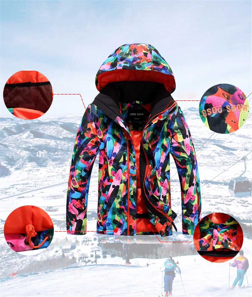 Gsou/лыжная куртка для детей; зимние уличные пальто для детей; ветрозащитная теплая куртка с капюшоном для мальчиков; Яркая Цветная лыжная куртка для сноуборда