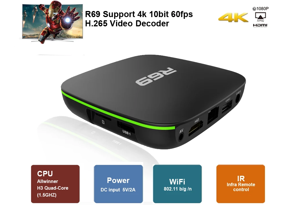  R69 Smart TV Box Android 7.1 1GB 8GB IPTV H3 Quad-Core WiFi 2.4GHz 1G8G Set Top Box 1080P HD Suppor - 4000179880767