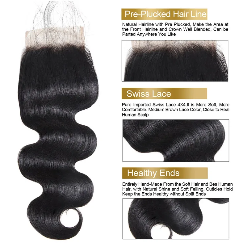 Funmi Hair Brazilian Body Wave Virgin Hair Bundles With Closure 4PCS Human Hair Bundles With Closure 8-28