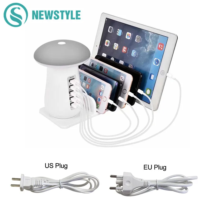 

Mushroom Reading Light LED Desk Night Light 5 Port Adapter Phone Tablet Quick Charge 3.0 USB Charger Hub Touch Switch Table Lamp