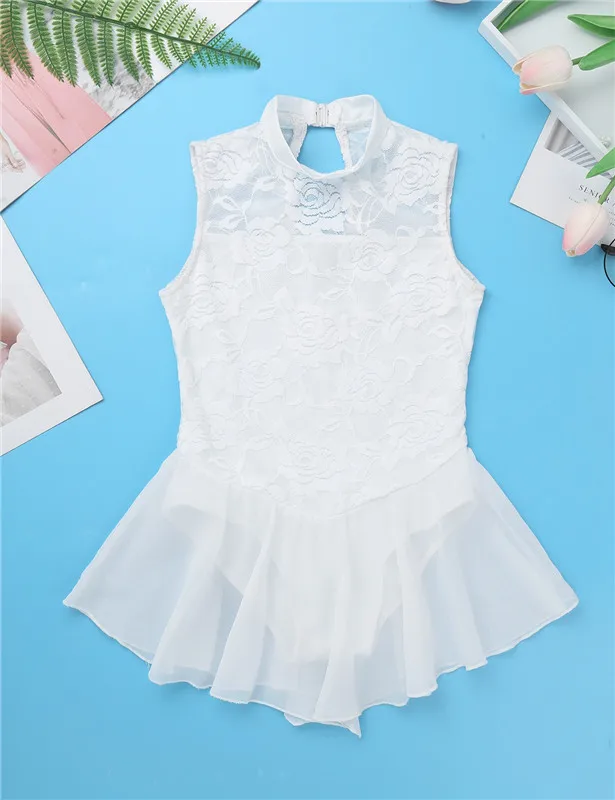 TiaoBug Children Sleeveless Floral Lace Figure Ice Skating Dress Tutu Ballet Gymnastics Leotard Kids Girls Lyrical Dance Costume