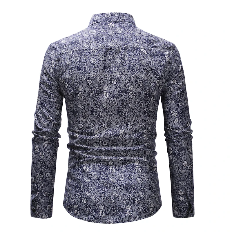 New Autumn Men Lapel Tops Casual Loose Rose Printing Shirt Long Sleeve Fiber Blend Dress Shirts Unique Floral Print Multi Colors
