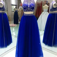 Сексуальные платья выпускного вечера из двух частей Кристалл Длина бисера Королевский синий строгое длинное вечернее вечерние платья для выпускного вечера