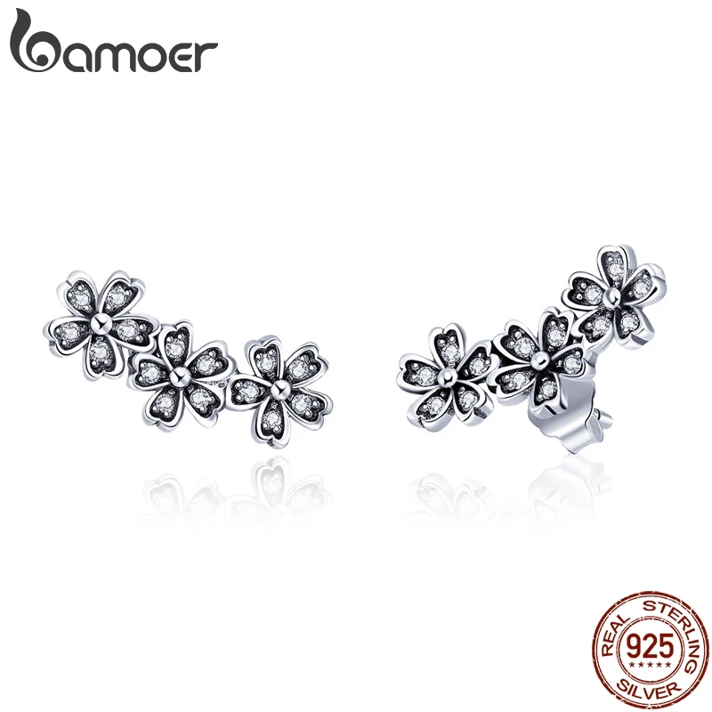 BAMOER 925 Sterling Silver Daisy Flower Clear CZ Stud Earrings for Women Sterling Silver Jewelry Valentine's Day Gift SCE419