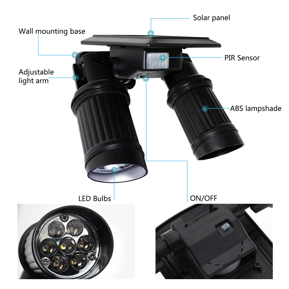 Светодиодный светильник на солнечной батарее с датчиком движения, настенный светильник с двойной головкой, Точечный светильник, водонепроницаемый садовый светильник, уличный светильник для крыльца