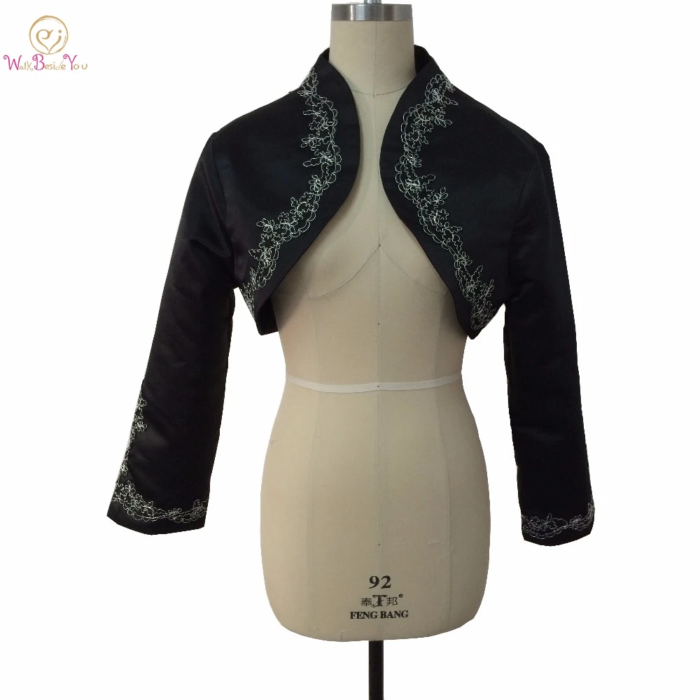 

Black Jacket for Mother of Bride Wedding Boleros Satin with Lace Applique Evening Capes Prom Party Shawl Custom Made