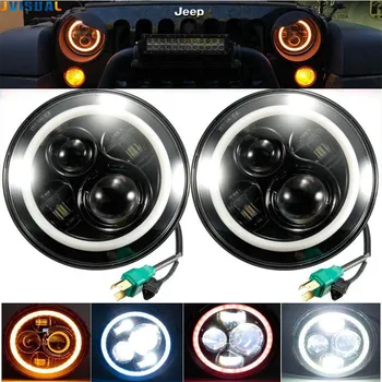 

7" LED Halo Headlights with H4 to H13 Adapter For Land Rover 7Inch LED Headlamps With Amber For Jeep Wrangler Motorcycle Light