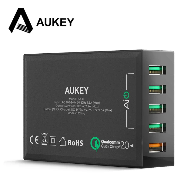 Aukey быстрая зарядка QC2.0 54Вт 5 разъём(ов) Micro USB рабочего мобильное зарядное устройство Стены Зарядки для iPhone Samsung S6 SONY HTC