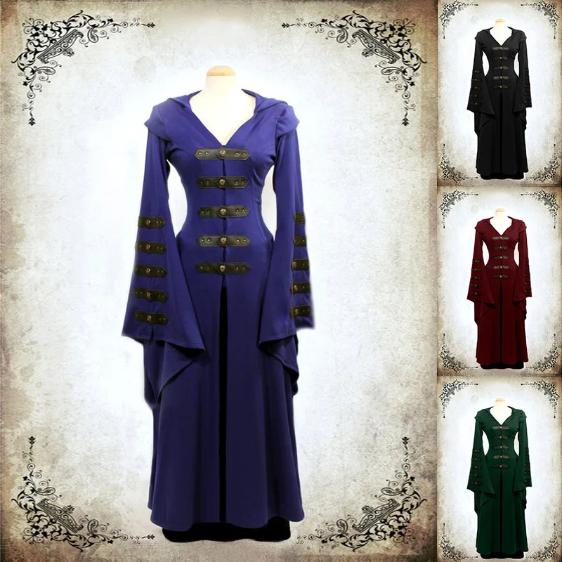 Medieval Long Woman hooded Dress coat Renaissance Gothic Long sleeve cosplay costume lace up back vintage dress